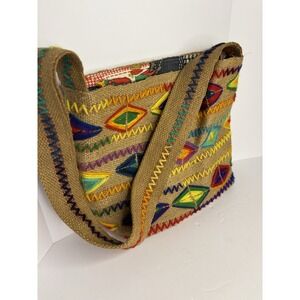 Vintage Boho‎ 1960's Handmade Burlap Crewel Yarn Embroidered Handbag Purse Lined